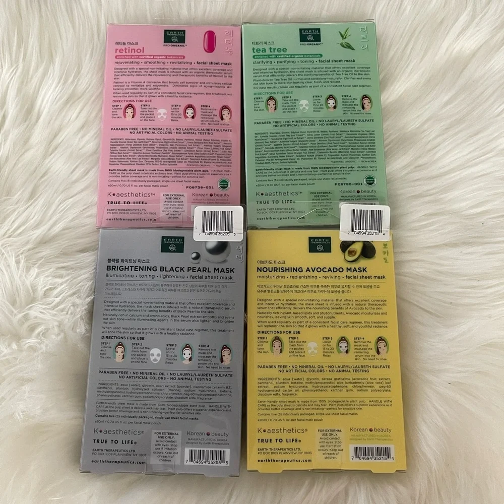 4 pack 20 pieces Earth Therapeutics Facial Sheet Skin Masks From Korea